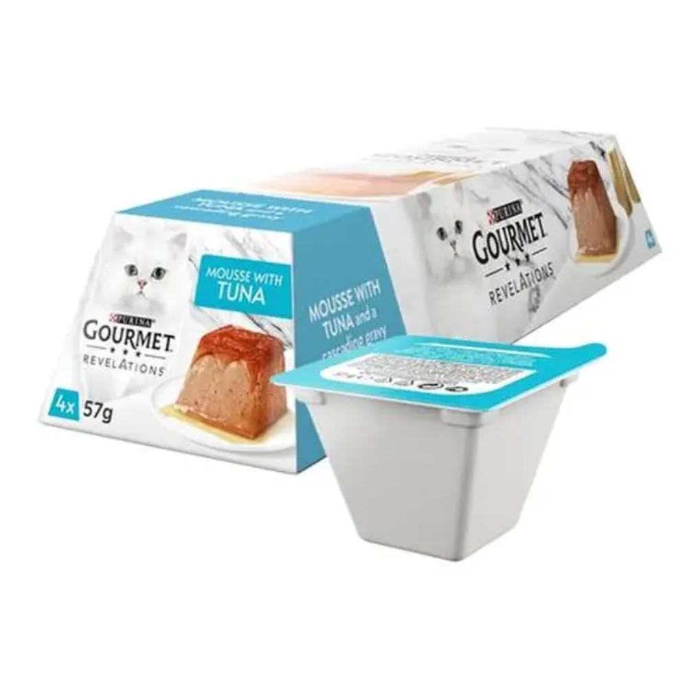 Gourmet Revelations cat food packaging with tuna flavor on a white background