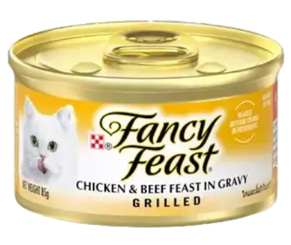 Fancy Feast canned cat food with a gold lid on a white background