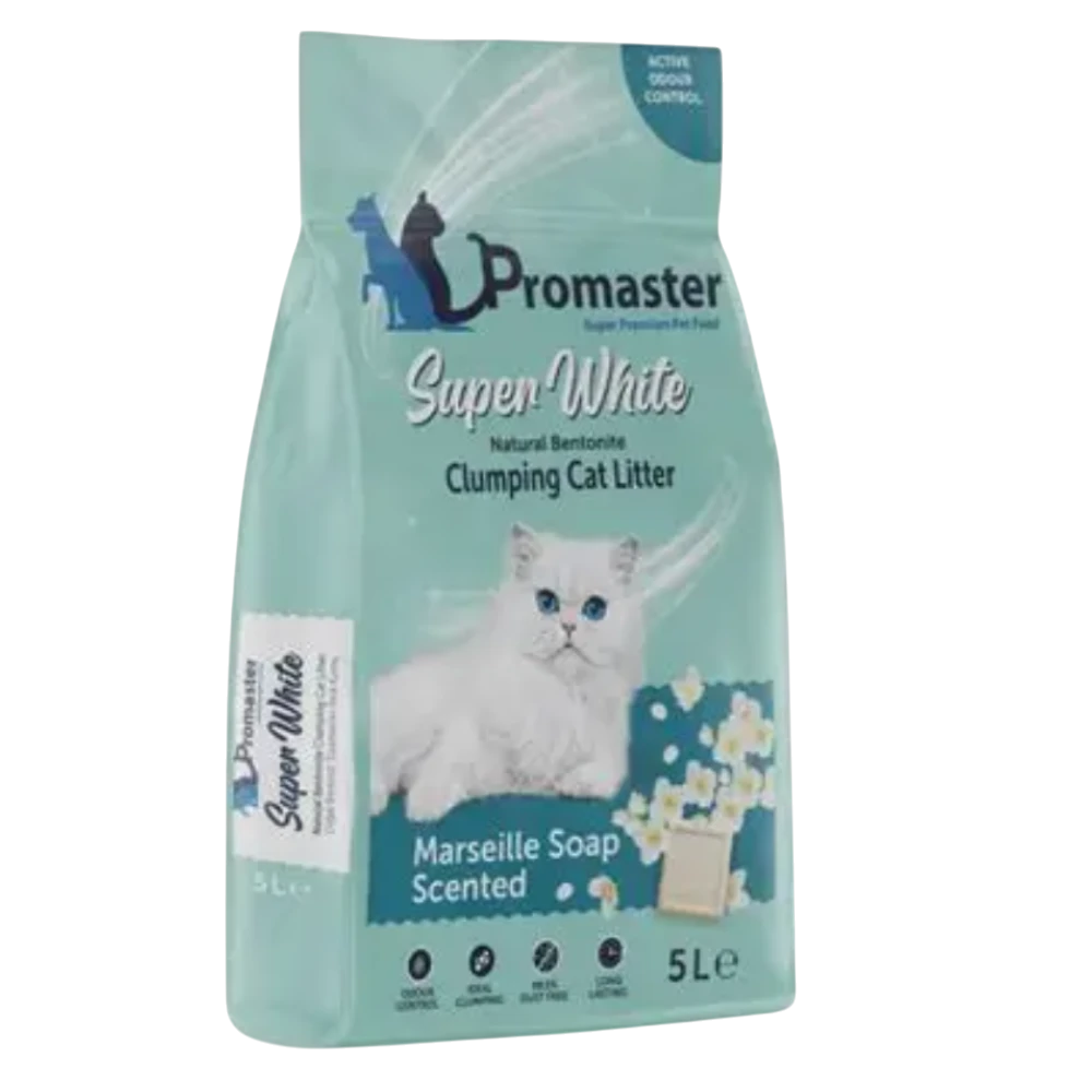 Promaster Super White clumping cat litter package on a white background