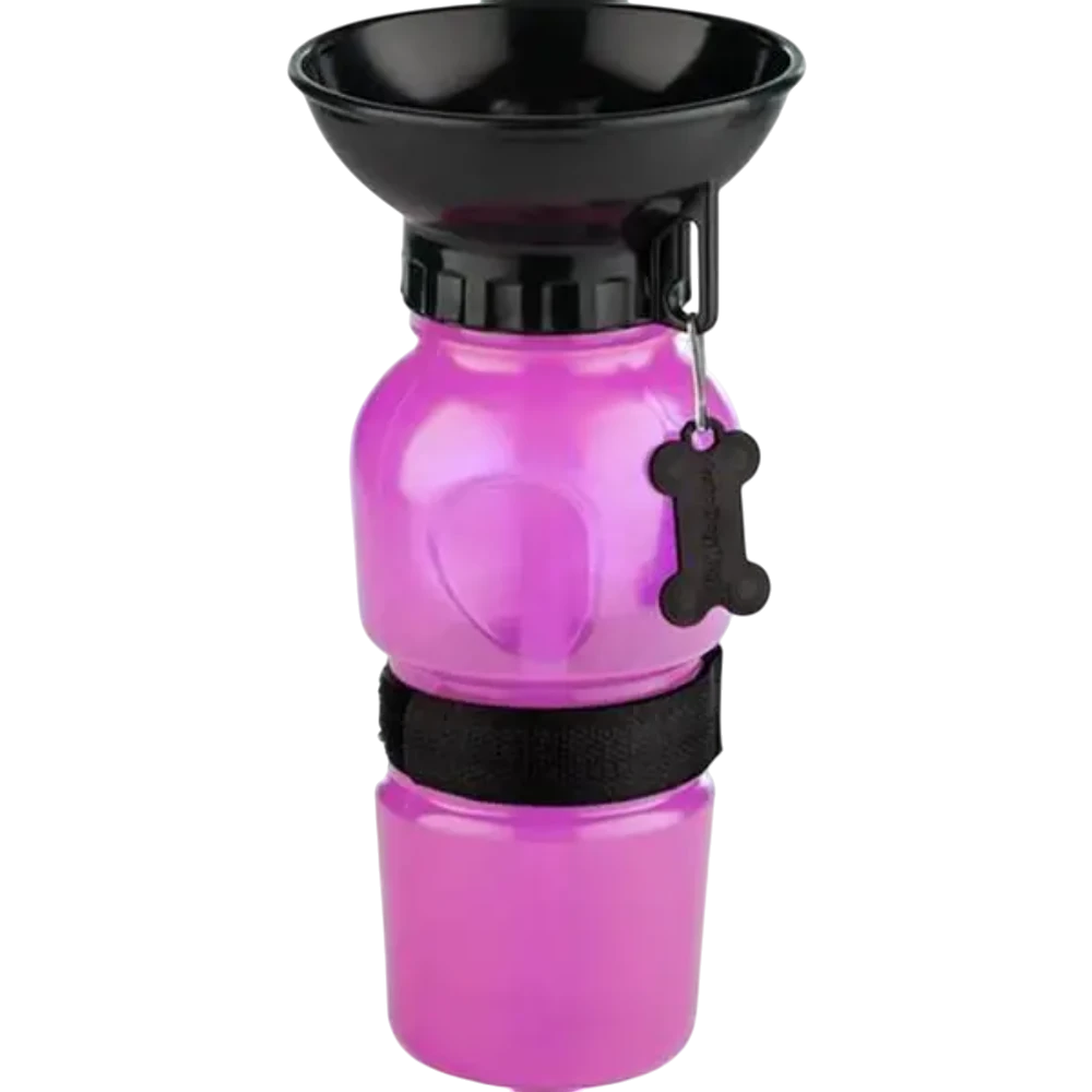 Pink pet water bottle with black bowl on a white background