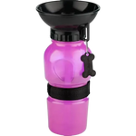 Pink pet water bottle with black bowl on a white background
