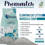 Promaster clumping cat litter package with product details on a light blue background