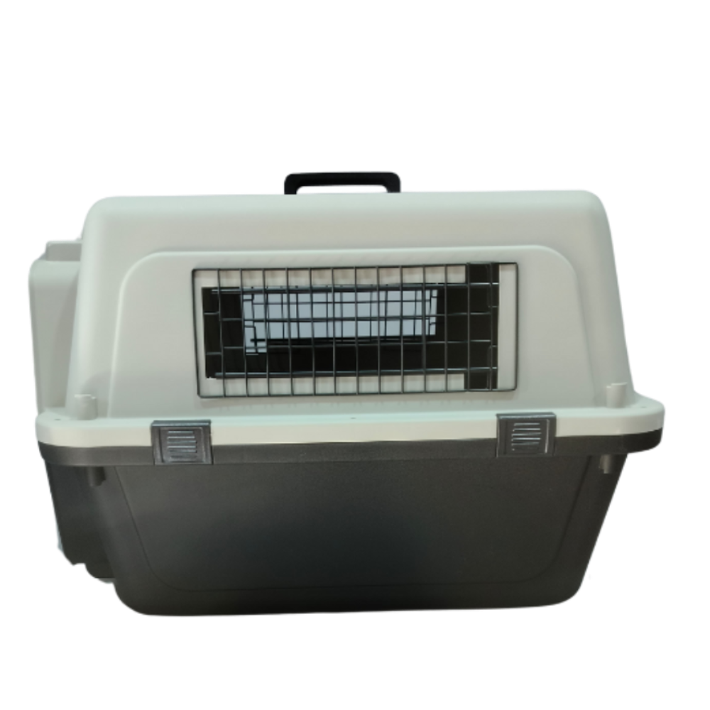 Pet carrier with a transparent side panel on a white background
