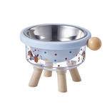 Pet bowl with cartoon design and wooden legs, showing measurements on a white background