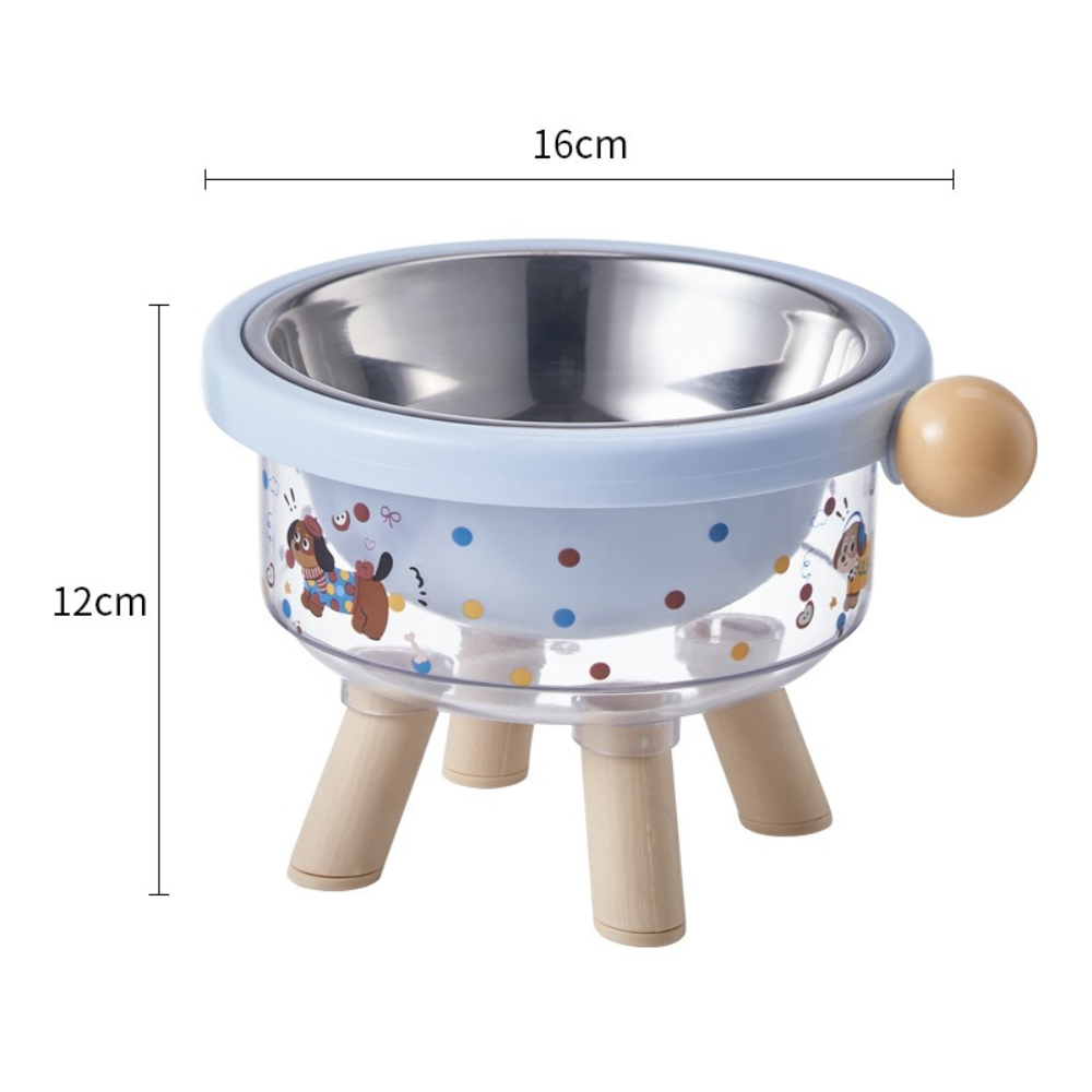 Pet bowl with cartoon design and wooden legs, showing measurements on a white background