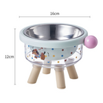 Pet bowl with legs and dimensions on a white background