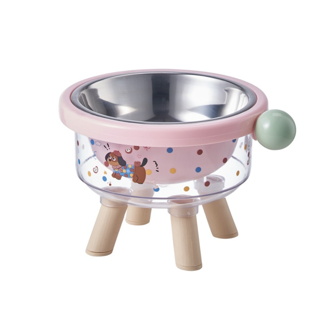 Pet bowl with pink rim and cartoon design, dimensions indicated