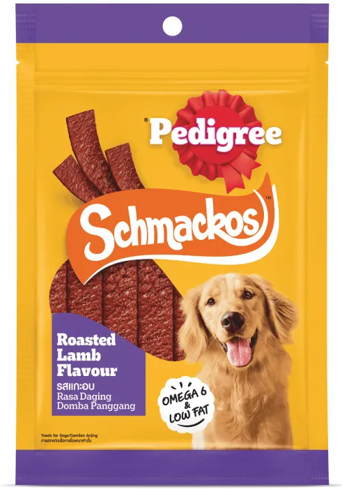 Pedigree Schmackos Roasted Lamb Flavour dog treat package with a dog on the label.