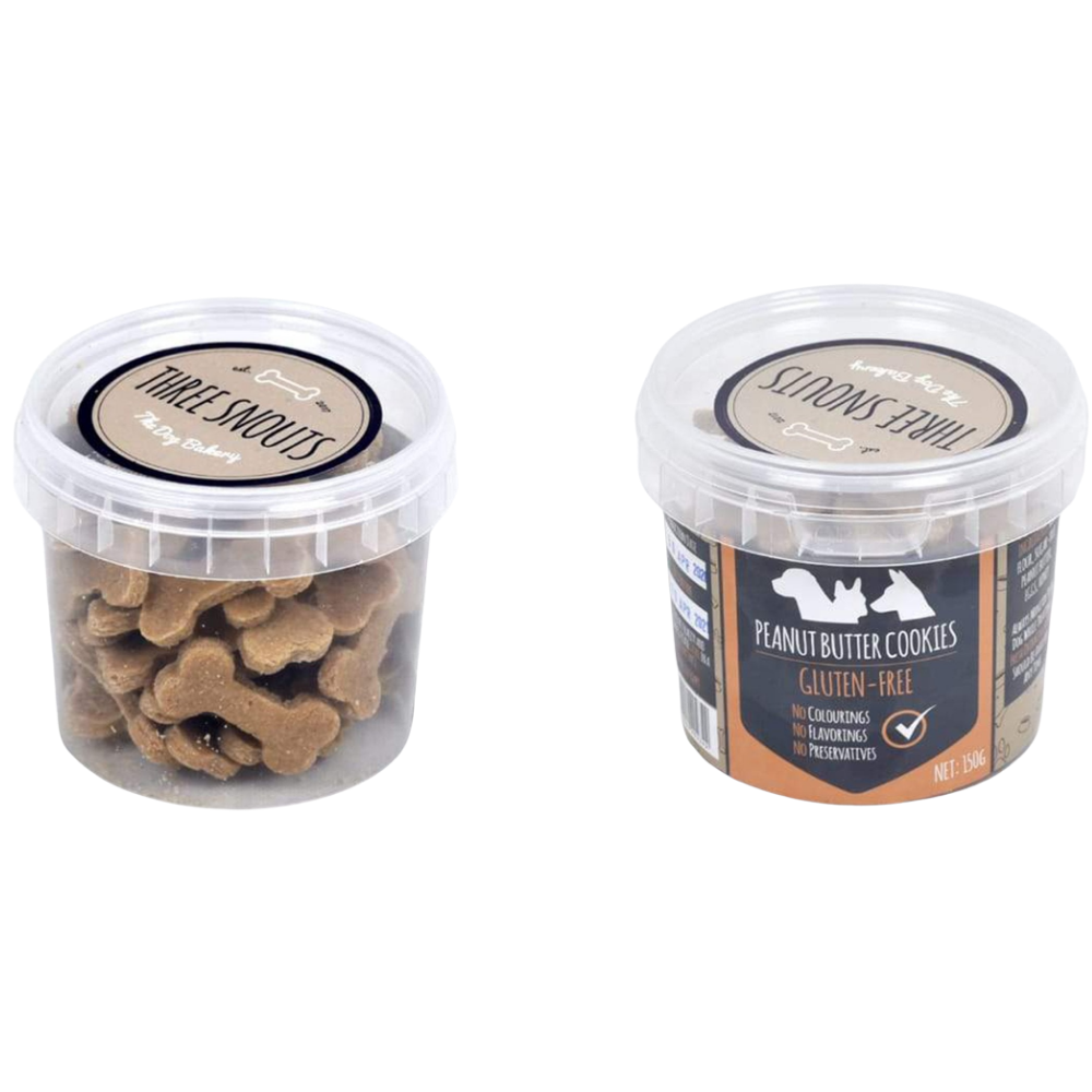 Two containers of dog treats with labels on a white background