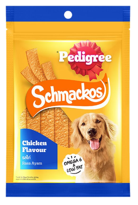 Pedigree Schmackos Chicken Flavour dog treats packaging on a white background