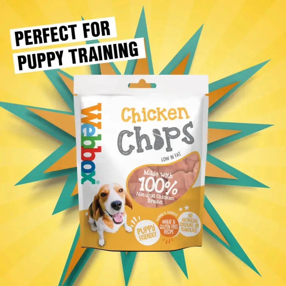 Webbox Chicken Chops dog treat package on a yellow background with text 'Perfect for Puppy Training'.