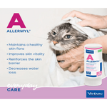 Virbac Allermyl A Everyday Care cat skin treatment bottle shown next to a photo of a gray tabby cat wrapped in a white towel, with marketing text on a light background and a purple footer.
