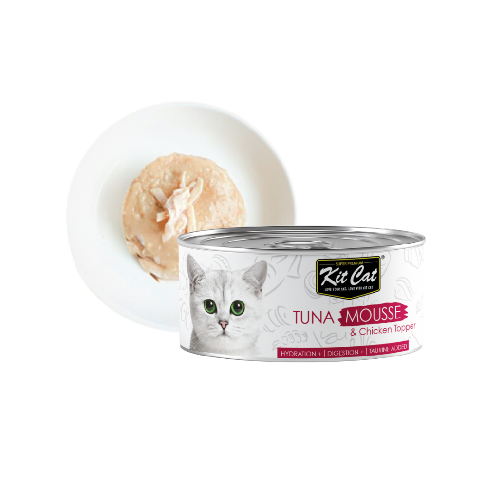 Can of Kit Cat tuna mousse cat food with a slice of tuna on a white background
