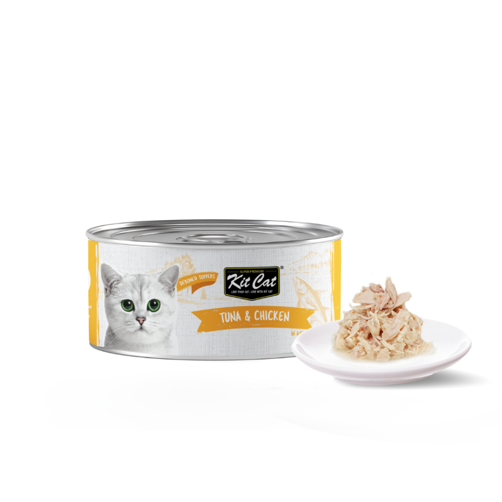 Canned cat food with a visible label on a white background