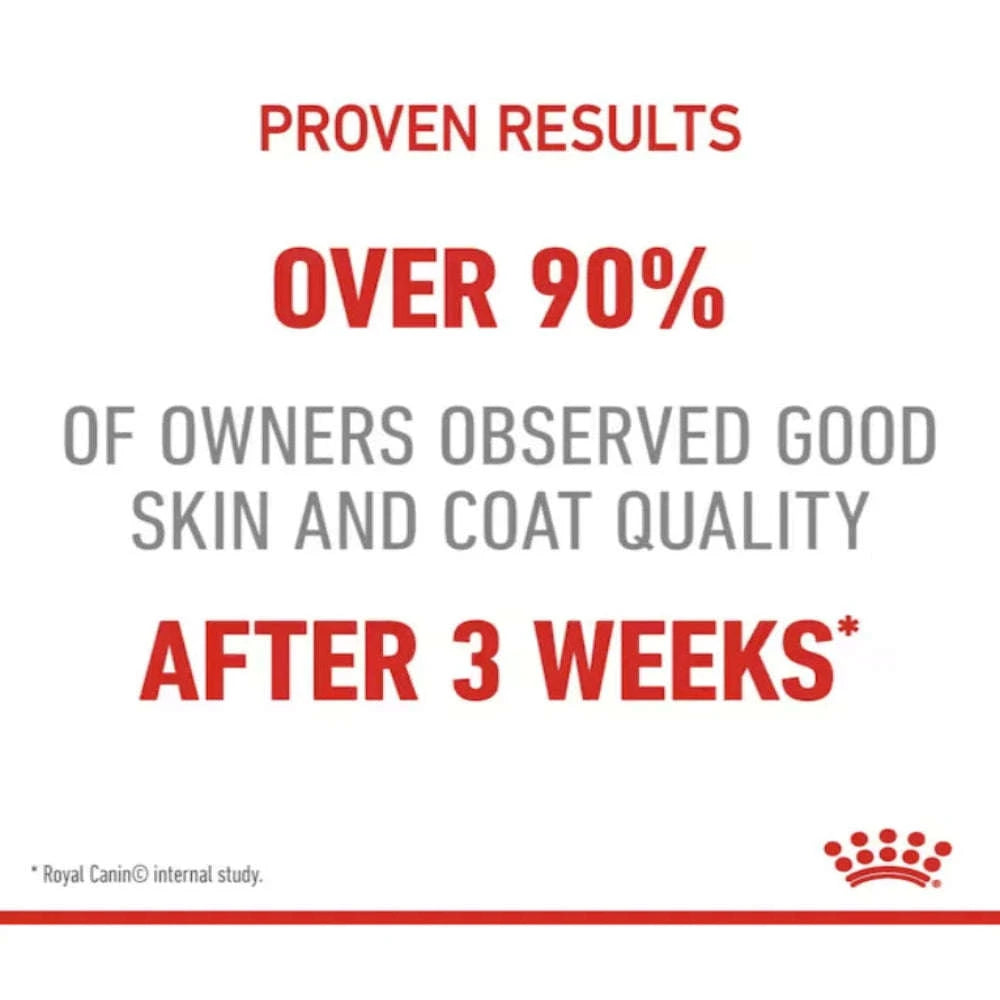 Advertisement for a pet product with text about proven results on skin and coat quality.