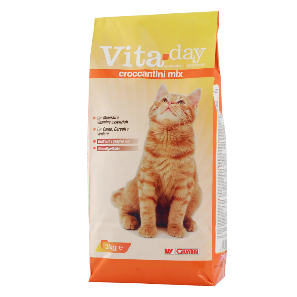 Vita-day cat food package with a cat on the front on a white background