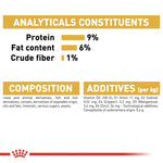 Nutritional label for a product with protein, fat content, and crude fiber information.