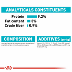 Nutritional label for a product with protein, fat content, and crude fiber information.