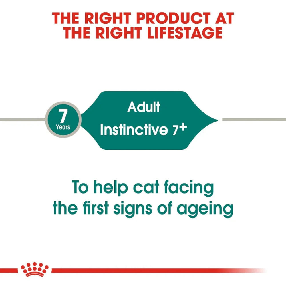 Cat food packaging label for 'Adult Instinctive 7+' indicating support for aging cats.