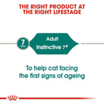 Cat food packaging label for 'Adult Instinctive 7+' indicating support for aging cats.