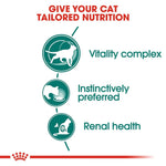 Cat food brand advertisement with text 'Give your cat tailored nutrition' and icons for vitality complex, instinctively preferred, and renal health.