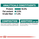 Nutritional label for a pet food product with protein, fat content, and crude fiber percentages.