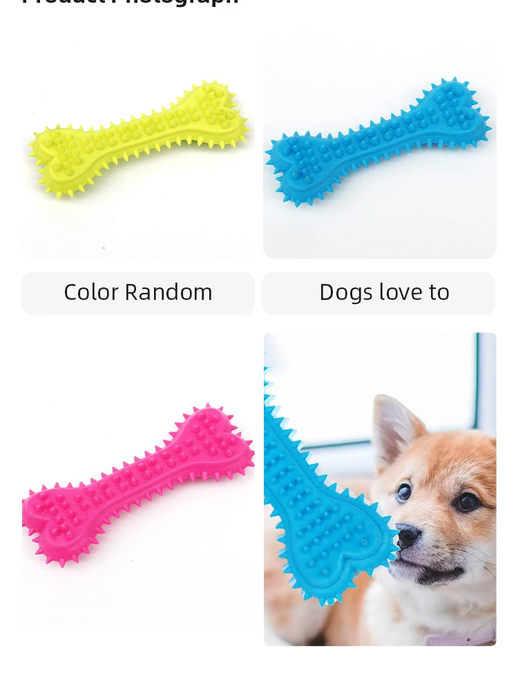 Three dog toys in different colors with a puppy photo on a white background.