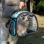 Person holding a transparent pet carrier with a cat inside, outdoors.