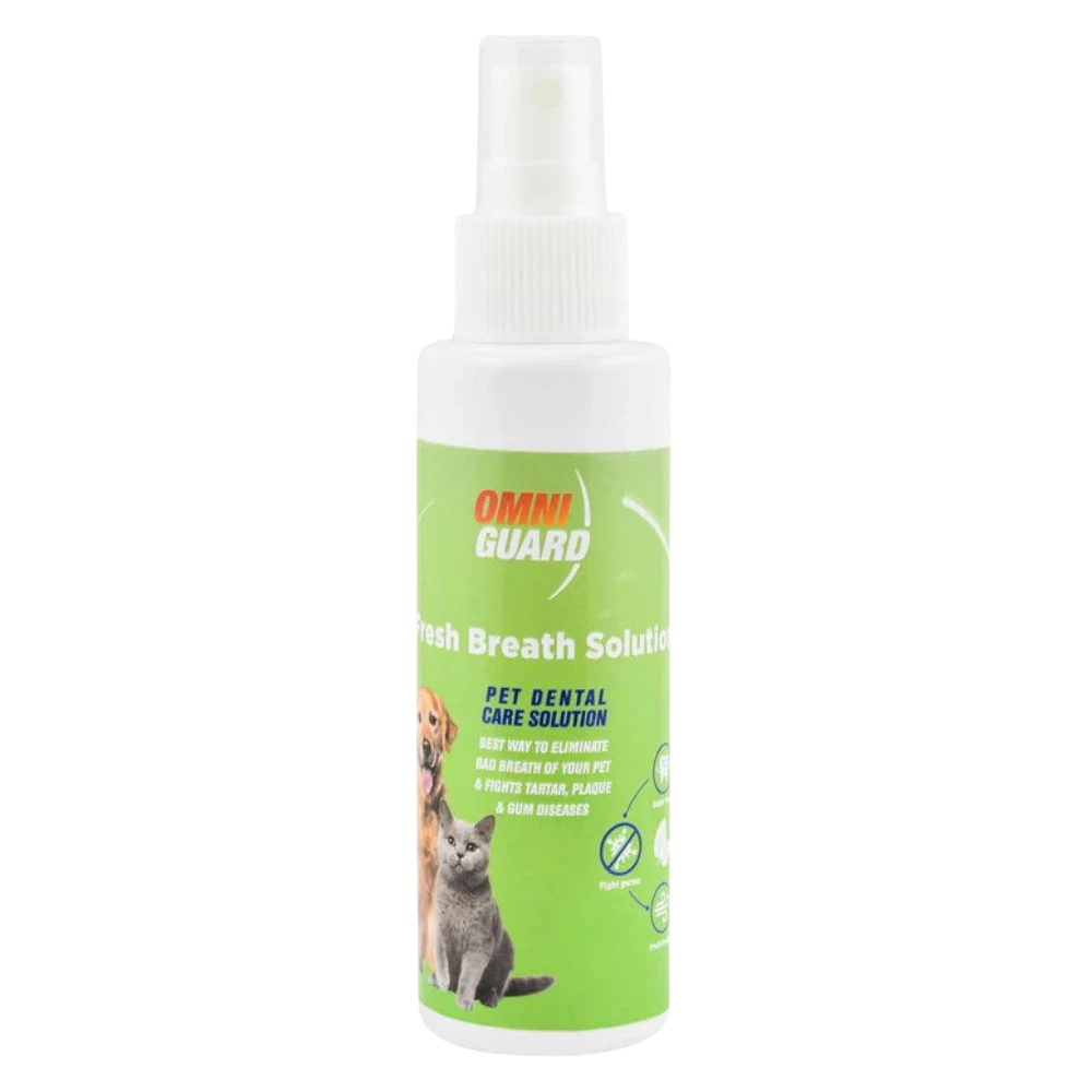 Omniguard fresh breath solution bottle for pets on a white background