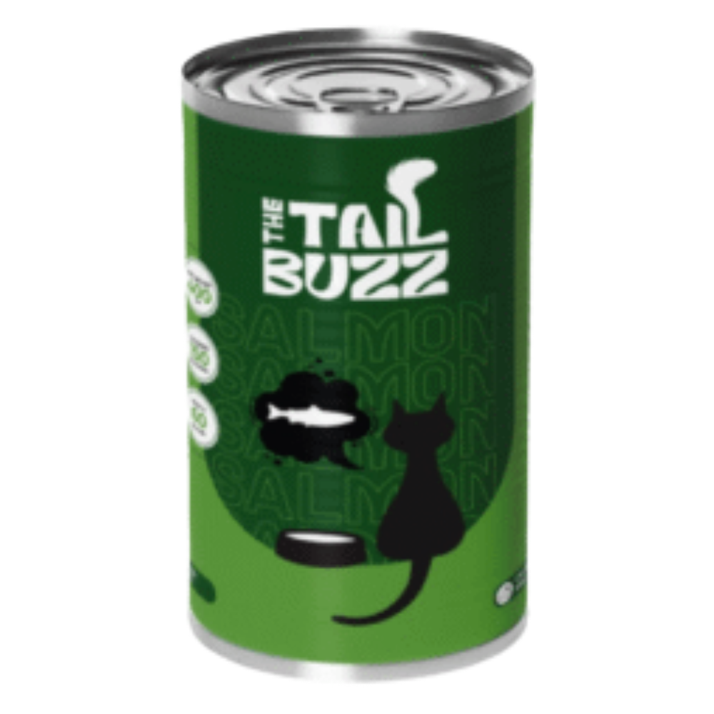 Green can of 'The Tail Buzz' cat food with a black cat silhouette on a white background