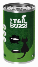 Green can of 'The Tail Buzz' cat food with a black cat silhouette on a white background