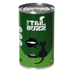 Green can of 'The Tail Buzz' cat food with a black cat silhouette on a white background