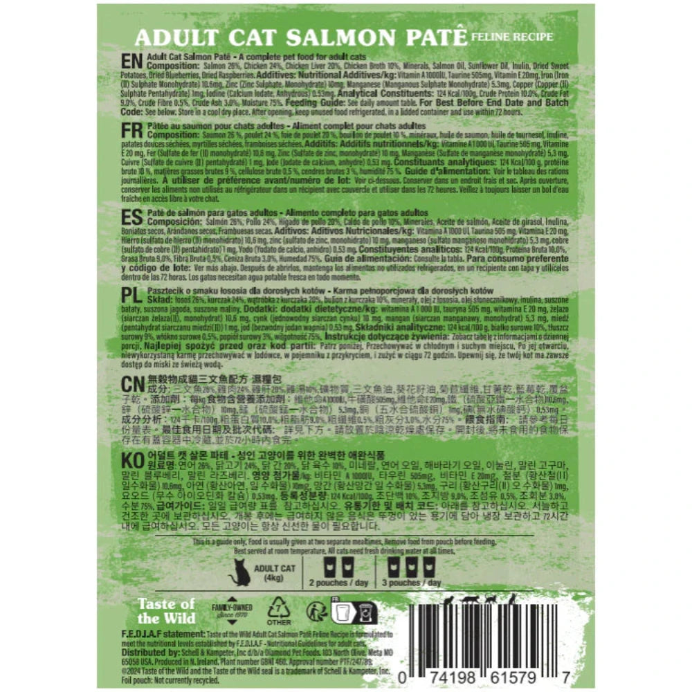Back of a cat food package with text and branding on a green background