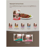 Migliorgatto sterilized chunks cat food packaging with images of food on a gray background