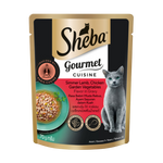 Sheba Gourmet Cuisine cat food pouch with a cat on the label
