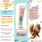 Slider pet product packaging with cat illustration and text on a colorful background