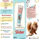 Slider pet product packaging with cat illustration and text on a colorful background