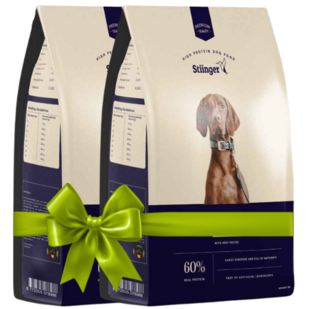 Dog food package with a green bow on a white background