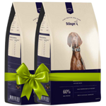 Dog food package with a green bow on a white background