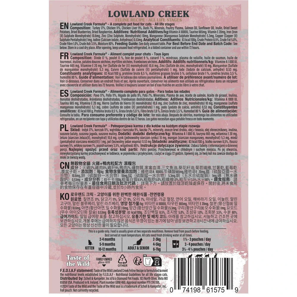 Back of a Lowland Creek pet food package with text and a barcode.