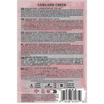 Back of a Lowland Creek pet food package with text and a barcode.