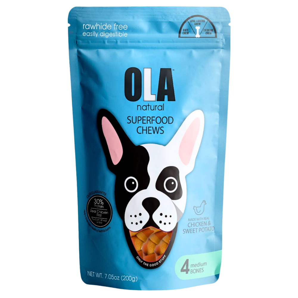 Package of OLA natural superfood chews for dogs with a blue background and dog illustration.