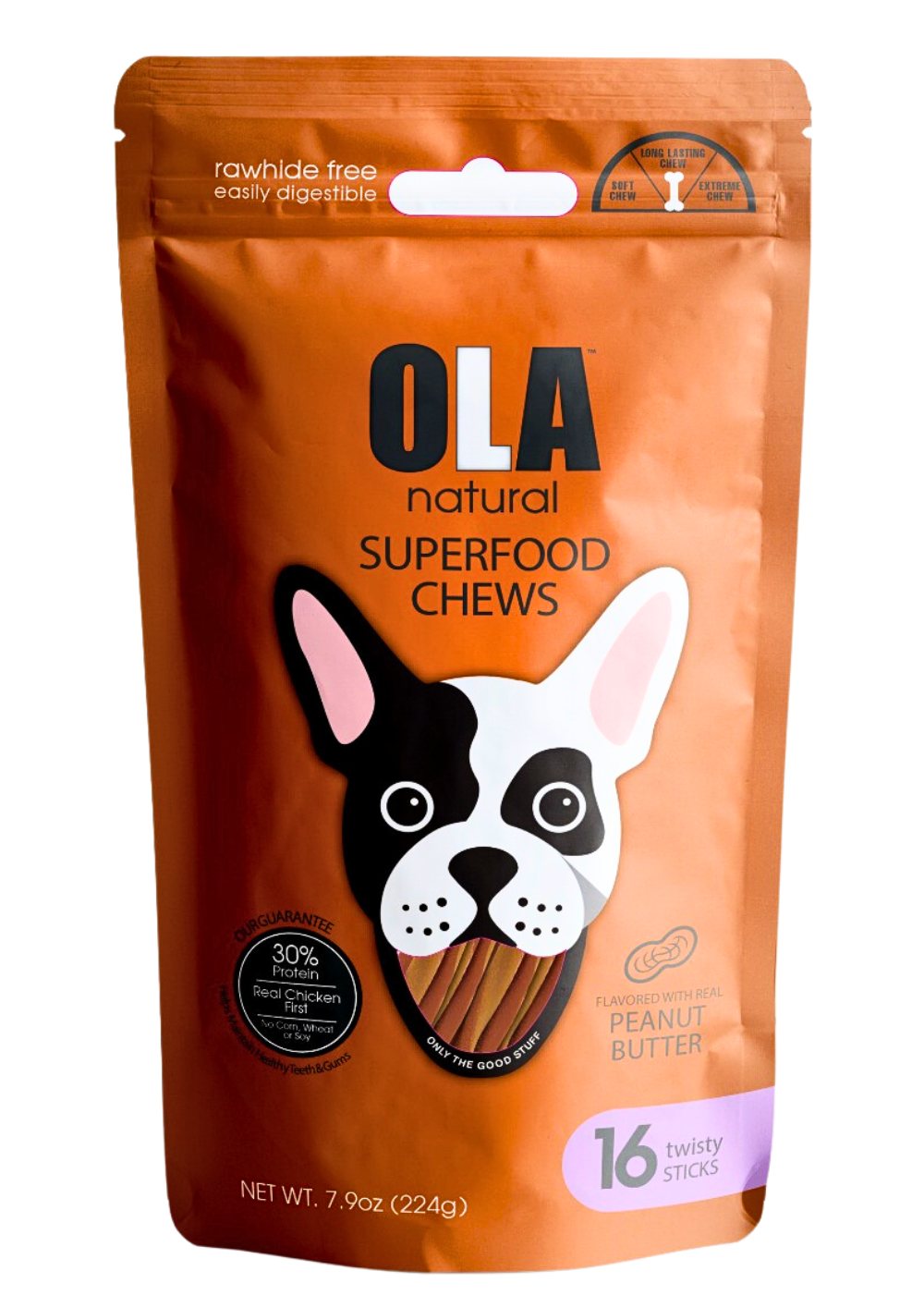 Ola Natural Peanut Butter Dog Treats 16 Twisty Sticks 224 g.