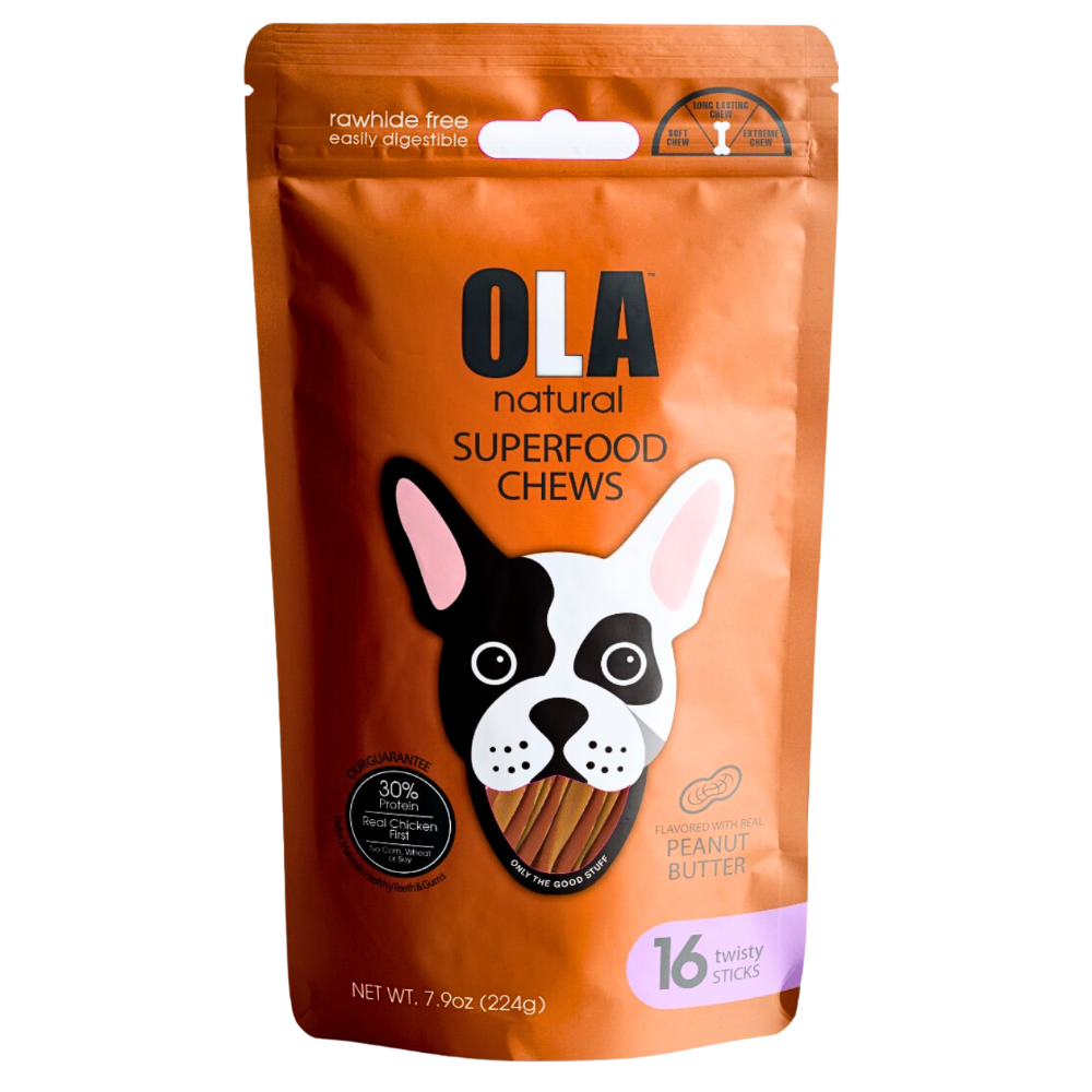 Ola Natural Peanut Butter Dog Treats 16 Twisty Sticks 224 g.