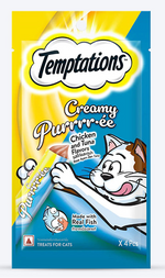 Temptations cat treats packaging with cartoon cat on a white background