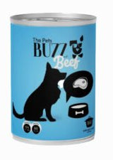 Can of dog food with a blue label featuring a black silhouette of a dog and bowl.