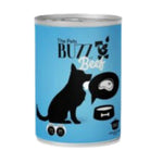 Can of dog food with a blue label featuring a black silhouette of a dog and bowl.