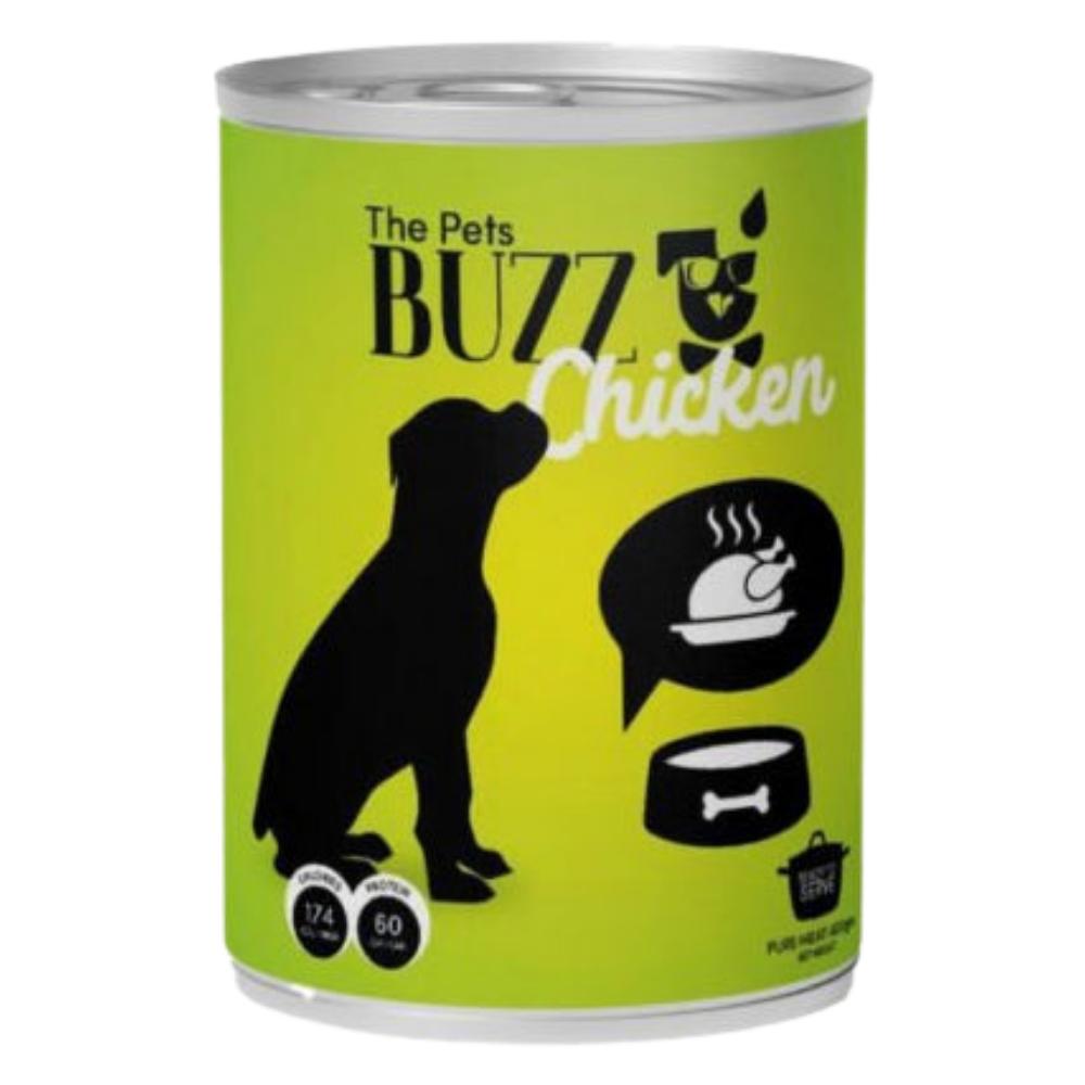 Can of 'The Pets Buzz Chicken' dog food with green label and black illustrations.