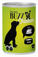 Can of 'The Pets Buzz Chicken' dog food with green label and black illustrations.