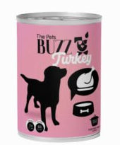 Canned pet food with pink label featuring a black silhouette of a dog and text.